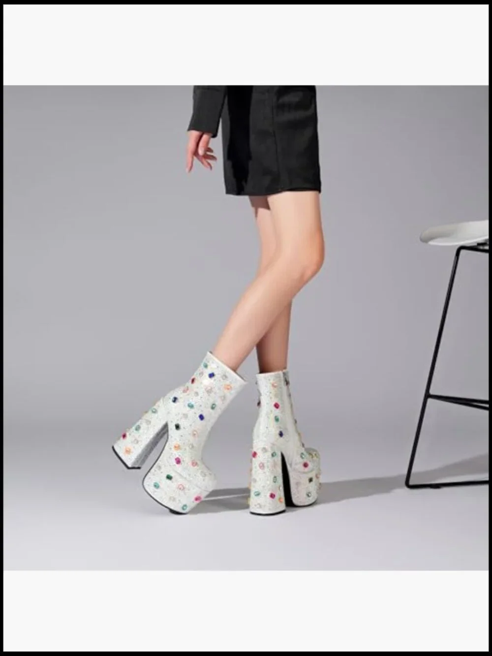 Embellished White Platform Ankle Booties with Multicolor Gems